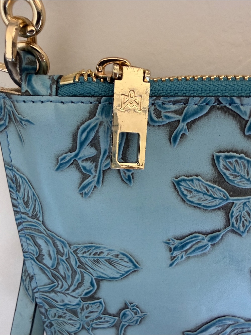 Cuoieria Fiorentina Blue Leather Floral Embossed Crossbody. Made in Italy - Picture 5 of 13